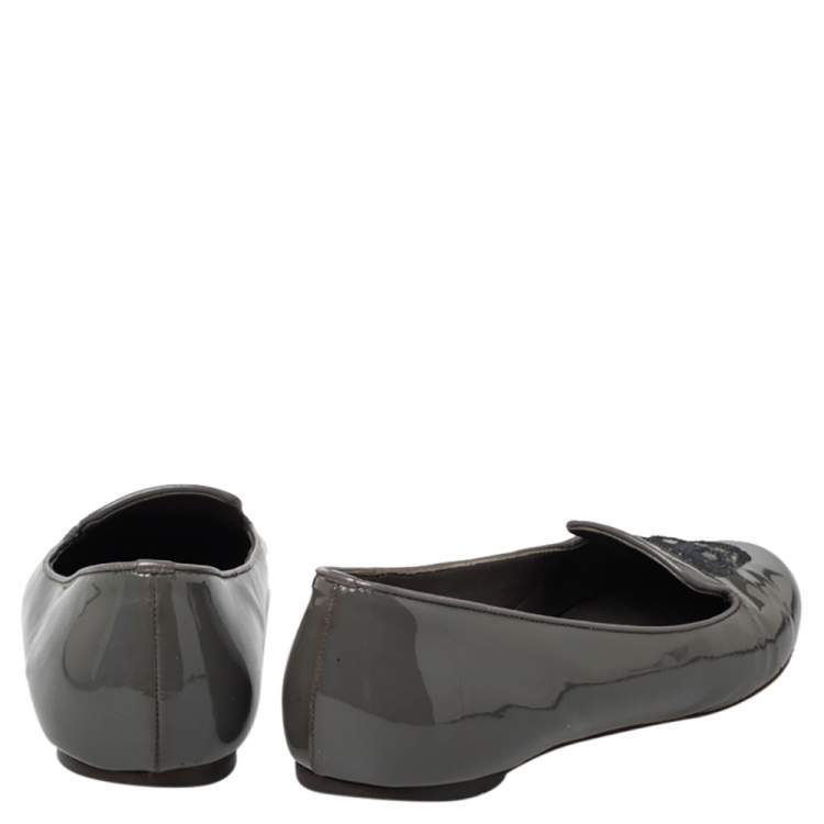 Pre Owned Alexander McQueen Grey Patent Leather Sequin Skull Smoking Slippers Size 39