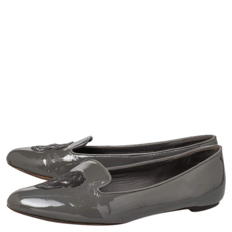 Pre Owned Alexander McQueen Grey Patent Leather Sequin Skull Smoking Slippers Size 39