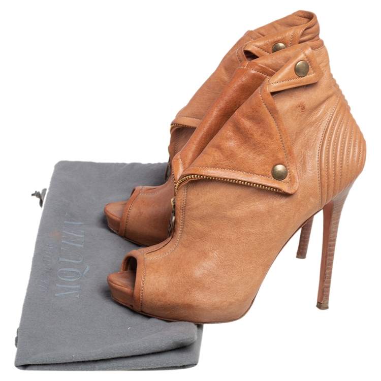 Pre Owned Alexander McQueen Brown Leather Faithful Skull Peep Toe Ankle Boots Size 38