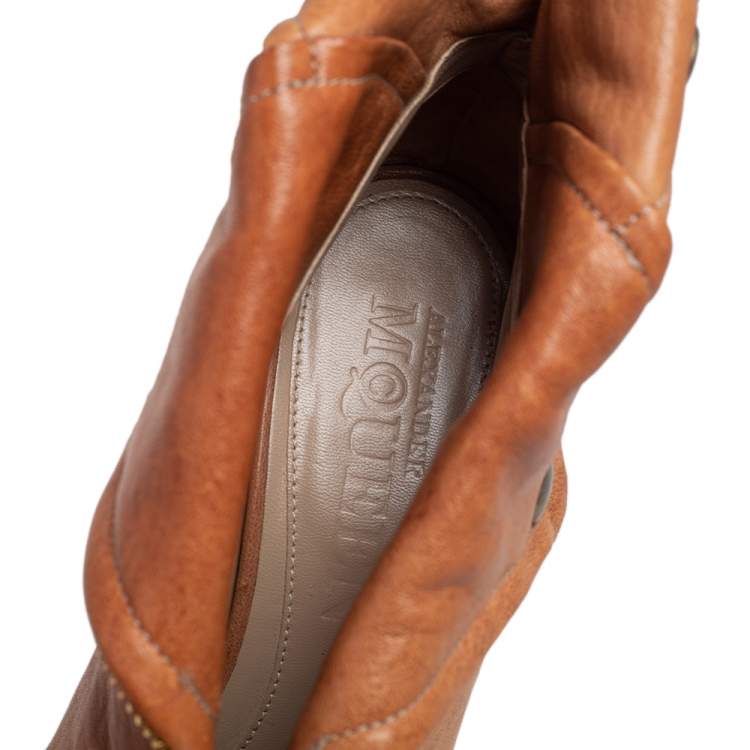 Pre Owned Alexander McQueen Brown Leather Faithful Skull Peep Toe Ankle Boots Size 38