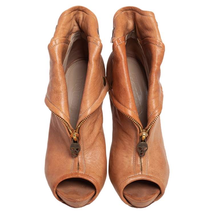 Pre Owned Alexander McQueen Brown Leather Faithful Skull Peep Toe Ankle Boots Size 38