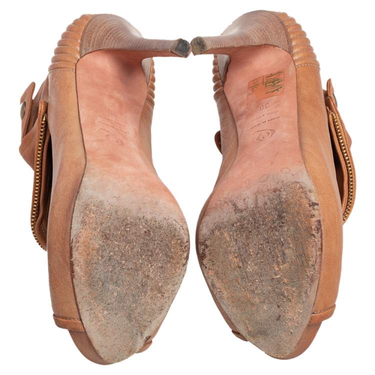 Pre Owned Alexander McQueen Brown Leather Faithful Skull Peep Toe Ankle Boots Size 38