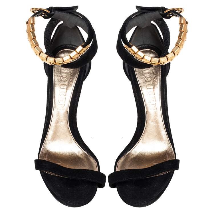 Pre Owned Alexander McQueen Black Suede Ankle Strap Open Toe Sandals Size 39