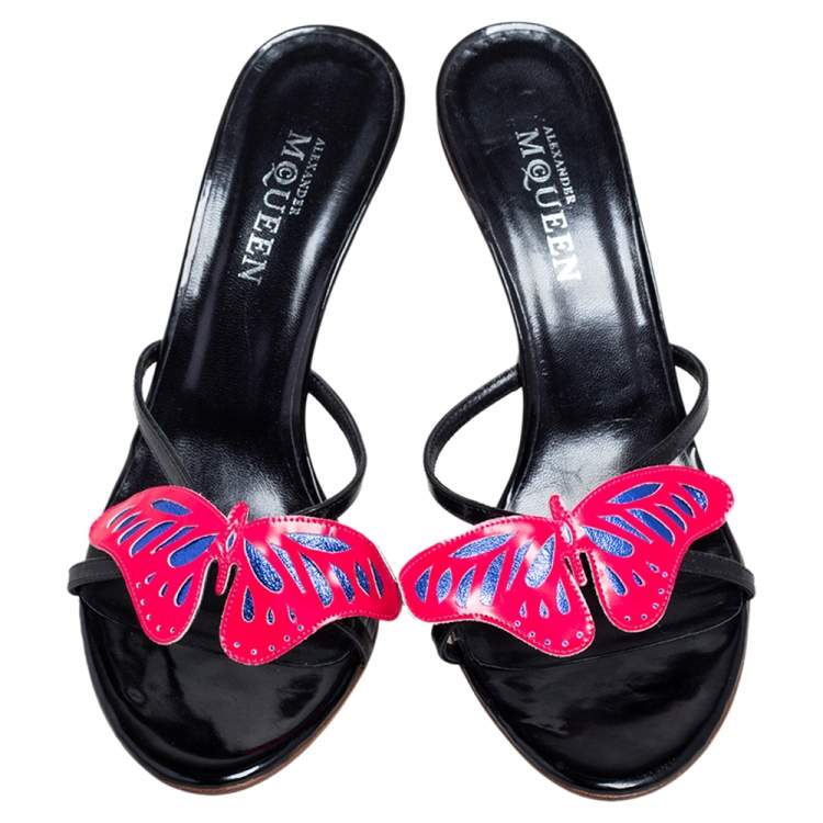 Pre Owned Alexander McQueen Black Patent Leather Butterfly Slide Sandals Size 40