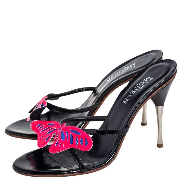 Pre Owned Alexander McQueen Black Patent Leather Butterfly Slide Sandals Size 40