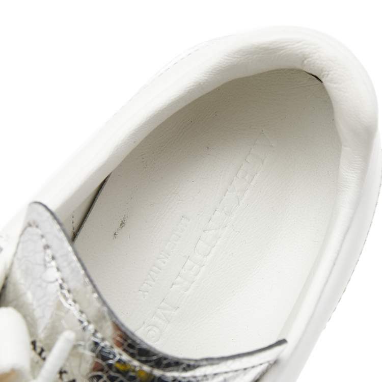 Pre Owned Alexander McQueen Metallic Silver Leather Larry Platform Lace Up Sneakers Size 38.5