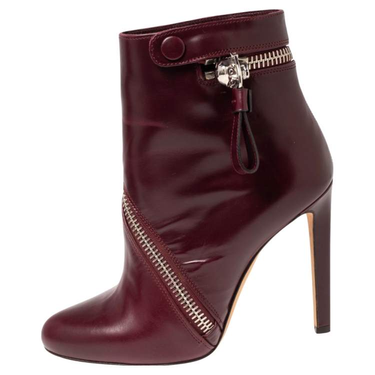 Pre Owned  Alexander McQueen Burgundy Leather Platform Ankle Boots Size 37