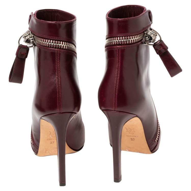 Pre Owned  Alexander McQueen Burgundy Leather Platform Ankle Boots Size 37