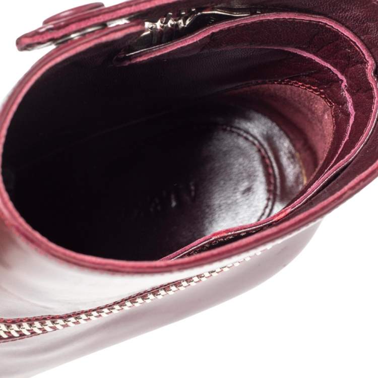 Pre Owned  Alexander McQueen Burgundy Leather Platform Ankle Boots Size 37