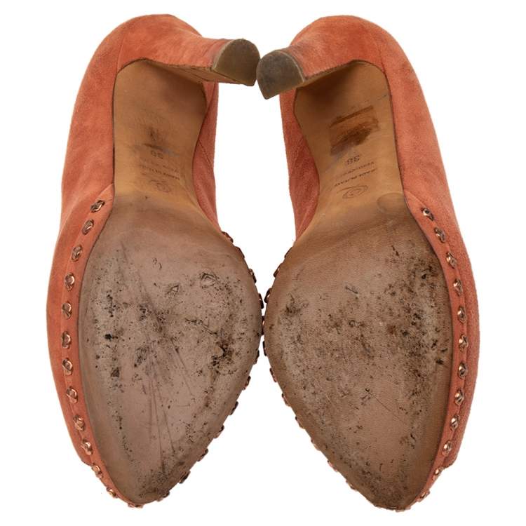 Pre Owned Alexander McQueen Brown Suede Skull Embellished Peep Toe Pumps Size 38