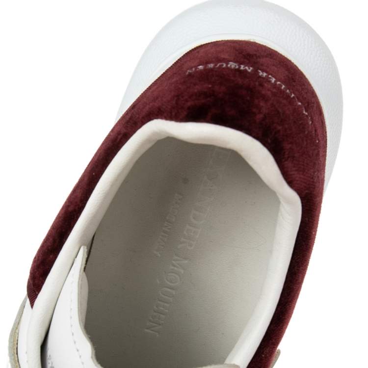 Pre Owned Alexander McQueen White Leather and Burgundy Velvet Oversized Velcro Strap Sneakers Size 37.5
