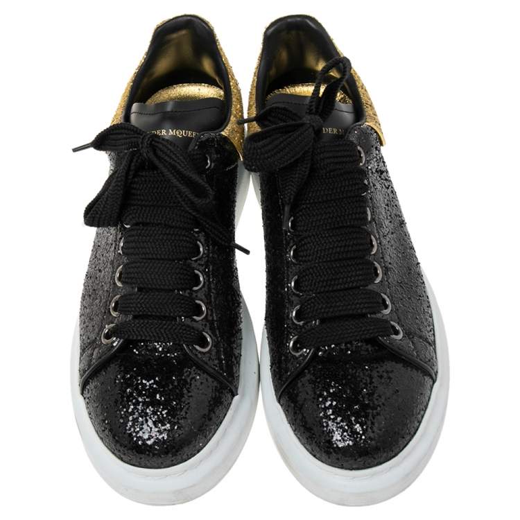 Pre Owned Alexander McQueen Black/Gold Glitter Larry Oversized Sneakers Size 39