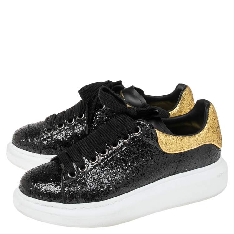 Pre Owned Alexander McQueen Black/Gold Glitter Larry Oversized Sneakers Size 39