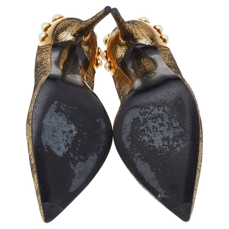 Pre Owned Alexander McQueen Metallic Gold Textured Leather Pearl Embellished Pointed Toe Pumps Size 36.5