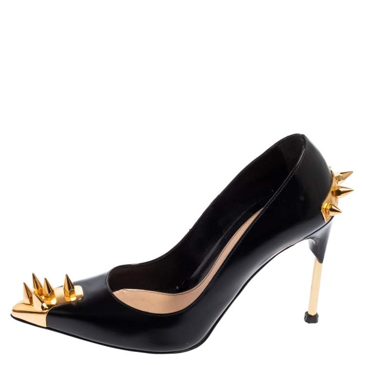 Pre Owned Alexander McQueen Black Glossy Leather Spike Pointed Toe Pumps Size 36