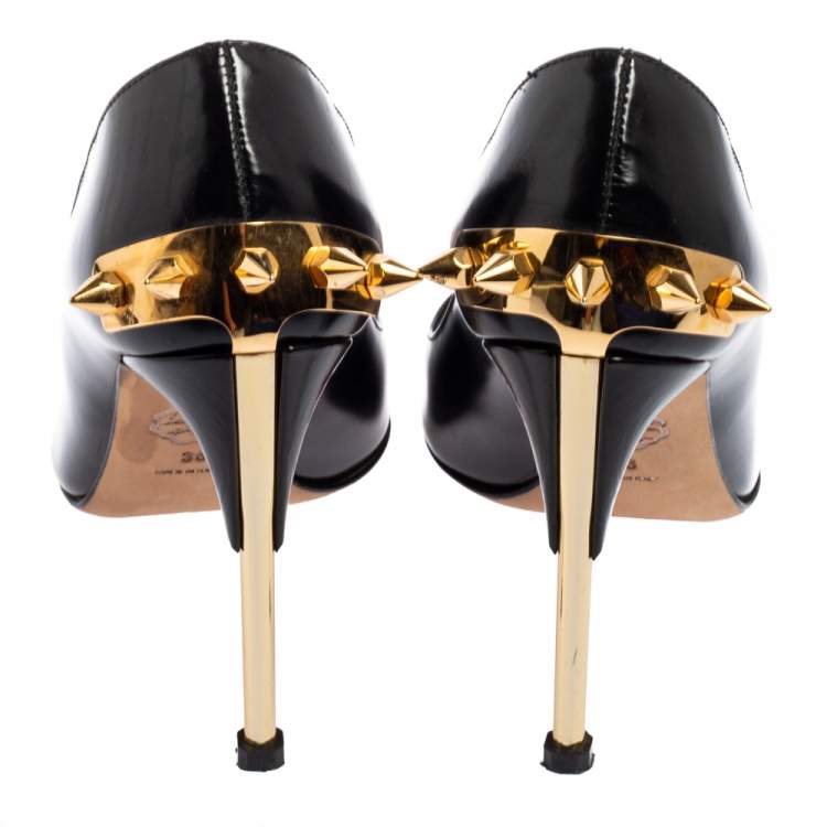 Pre Owned Alexander McQueen Black Glossy Leather Spike Pointed Toe Pumps Size 36