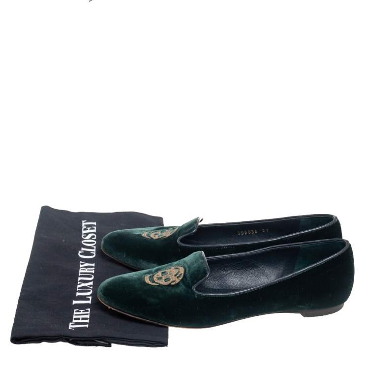 Pre Owned Alexander McQueen Green Velvet Skull Embroidered Smoking Slippers Size 37