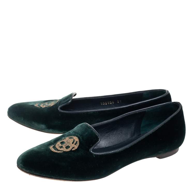 Pre Owned Alexander McQueen Green Velvet Skull Embroidered Smoking Slippers Size 37