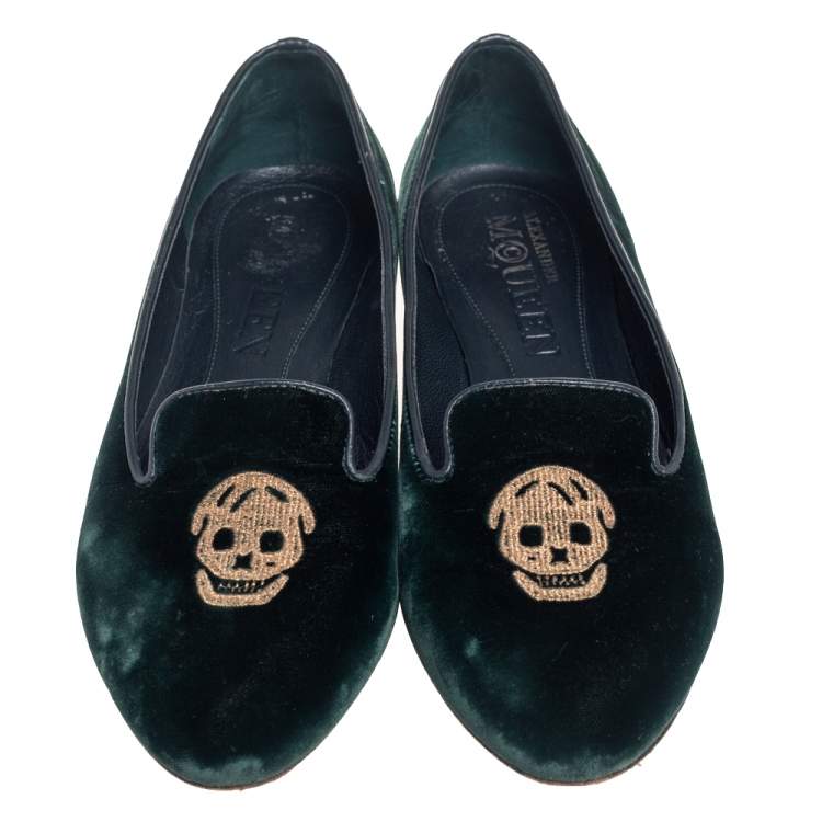 Pre Owned Alexander McQueen Green Velvet Skull Embroidered Smoking Slippers Size 37