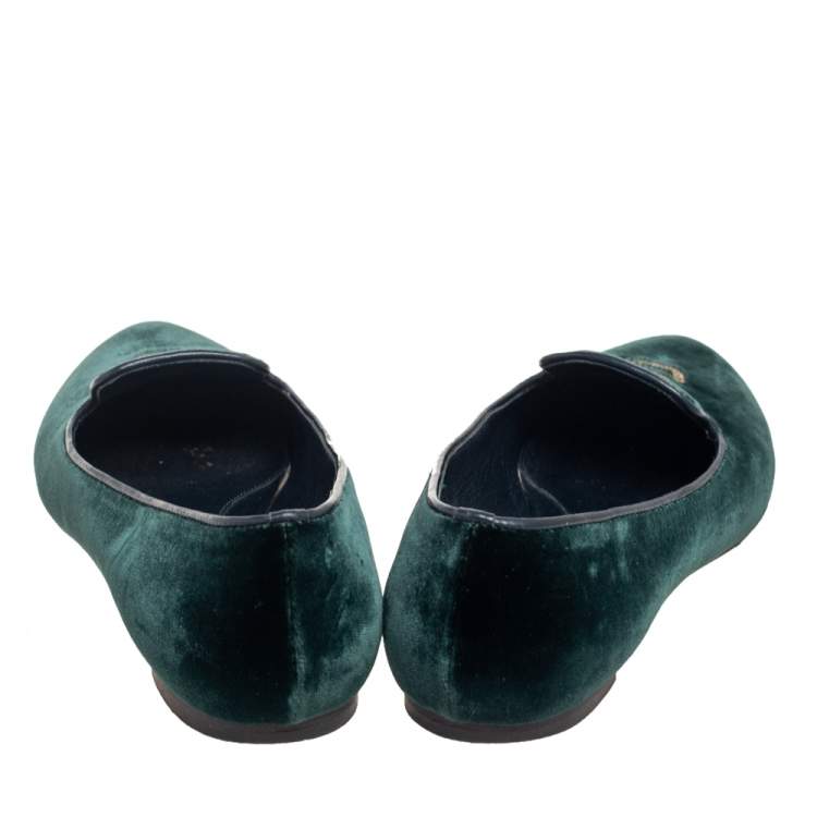 Pre Owned Alexander McQueen Green Velvet Skull Embroidered Smoking Slippers Size 37