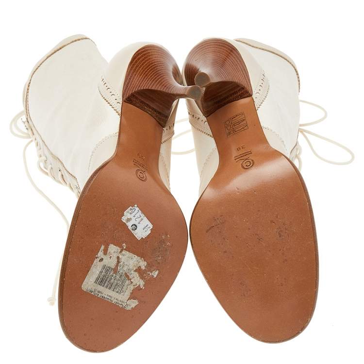 Pre Owned Alexander McQueen Off White Brogue Leather And Canvas Lace Up Mid Calf Boots Size 39