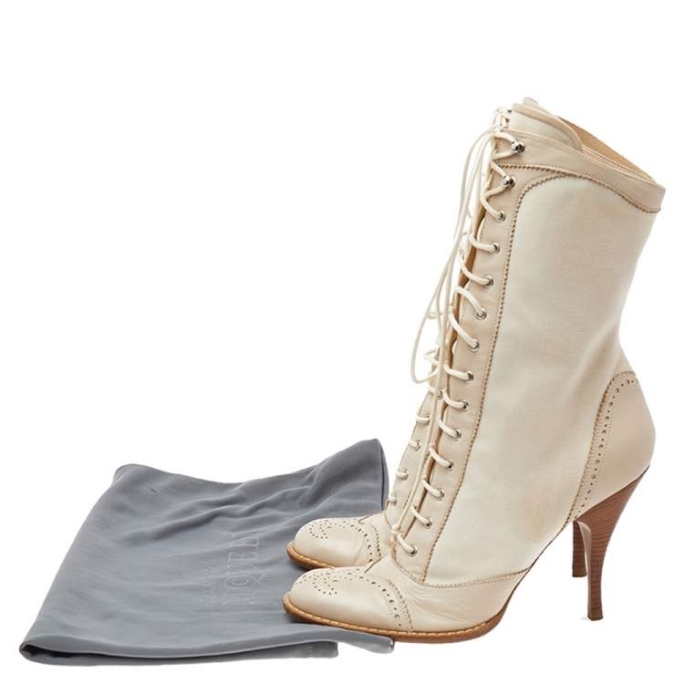Pre Owned Alexander McQueen Off White Brogue Leather And Canvas Lace Up Mid Calf Boots Size 39