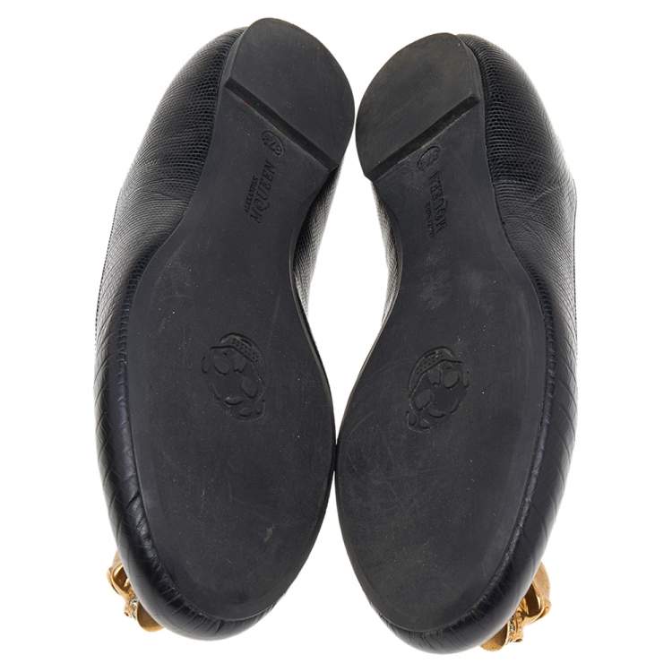 Pre Owned Alexander McQueen Black Lizard Embossed Leather Embellished Skull City Ballet Flats Size 37.5