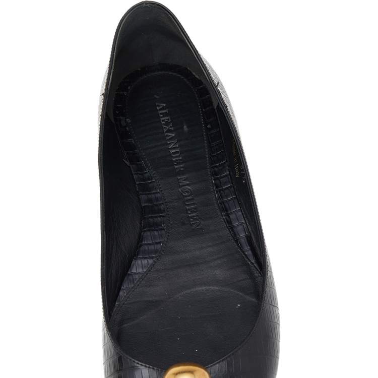 Pre Owned Alexander McQueen Black Lizard Embossed Leather Embellished Skull City Ballet Flats Size 37.5