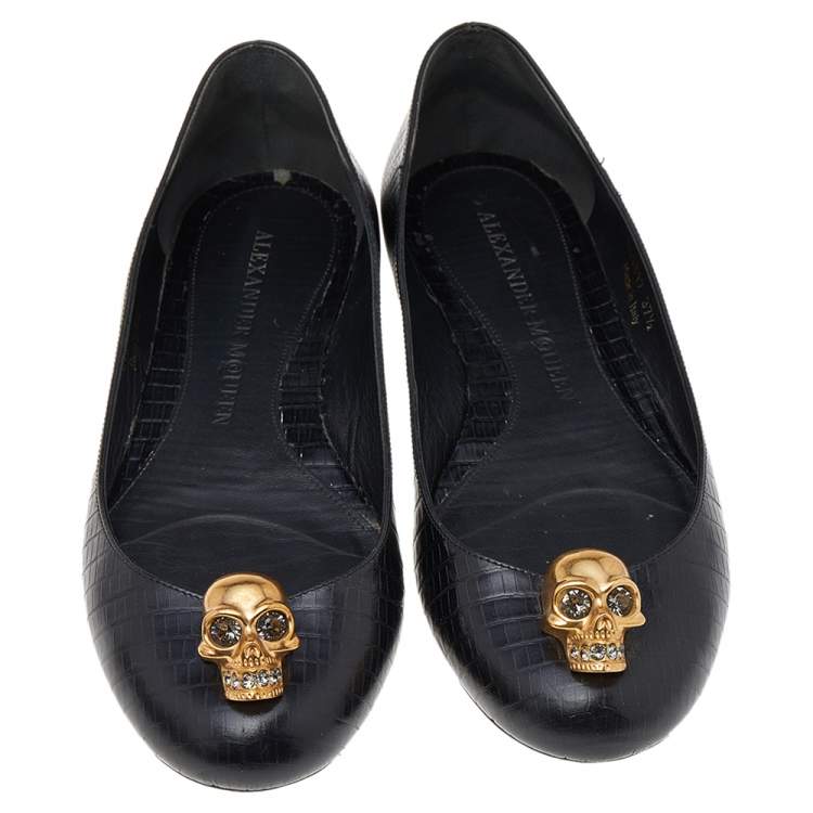 Pre Owned Alexander McQueen Black Lizard Embossed Leather Embellished Skull City Ballet Flats Size 37.5