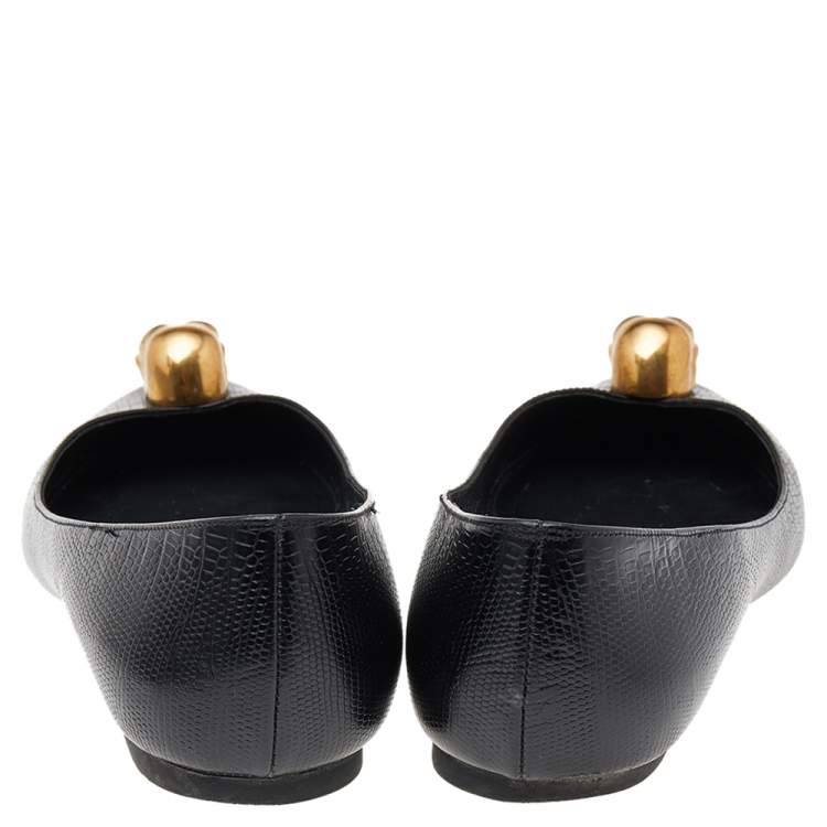 Pre Owned Alexander McQueen Black Lizard Embossed Leather Embellished Skull City Ballet Flats Size 37.5