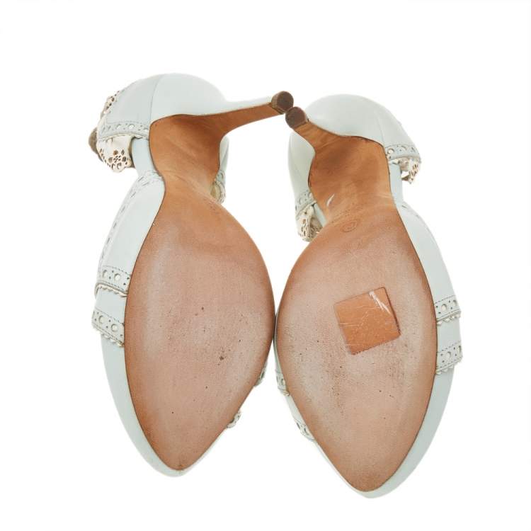 مملوكة مسبقًا Alexander McQueen Mint Green-White Leather Perforated Slide Sandals Size 37