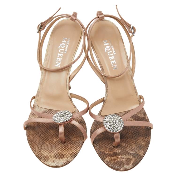 Pre Owned Alexander McQueen Beige Satin Crystal Embellished Strappy Sandals Size 38.5