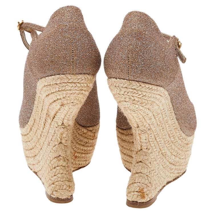 Pre Owned Alexander McQueen Brown Glitter Ankle Strap Wedge Sandals Size 37