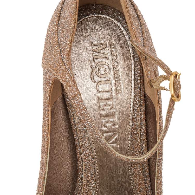 Pre Owned Alexander McQueen Brown Glitter Ankle Strap Wedge Sandals Size 37