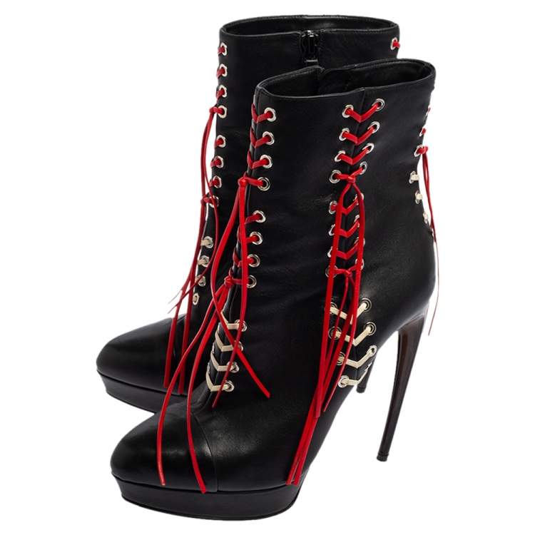 Pre Owned Alexander McQueen Black/Red Leather Lace Up Horn Heel Ankle Boots Size 37
