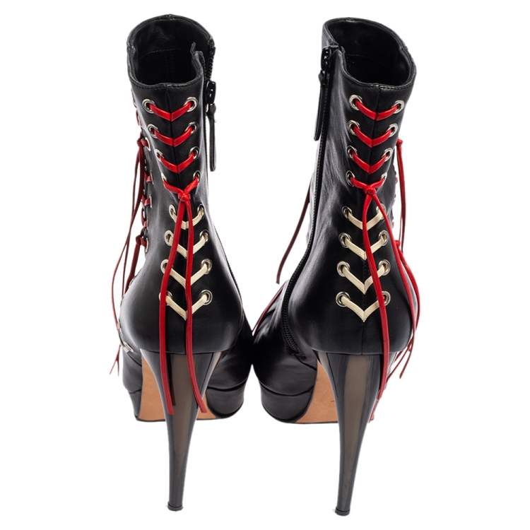 Pre Owned Alexander McQueen Black/Red Leather Lace Up Horn Heel Ankle Boots Size 37