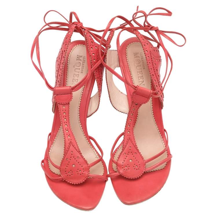 Pre Owned Alexander McQueen Orange Leather Ankle Strap Sandals Size 38