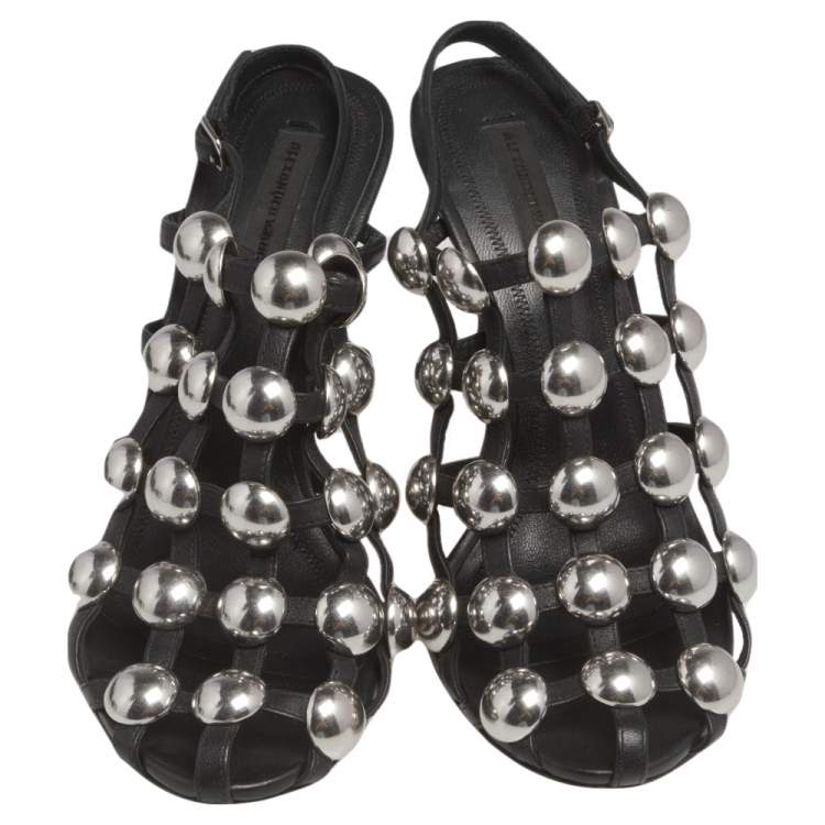 Pre Owned  Alexander Wang Black Leather Embellished Slingback Sandals Size 38