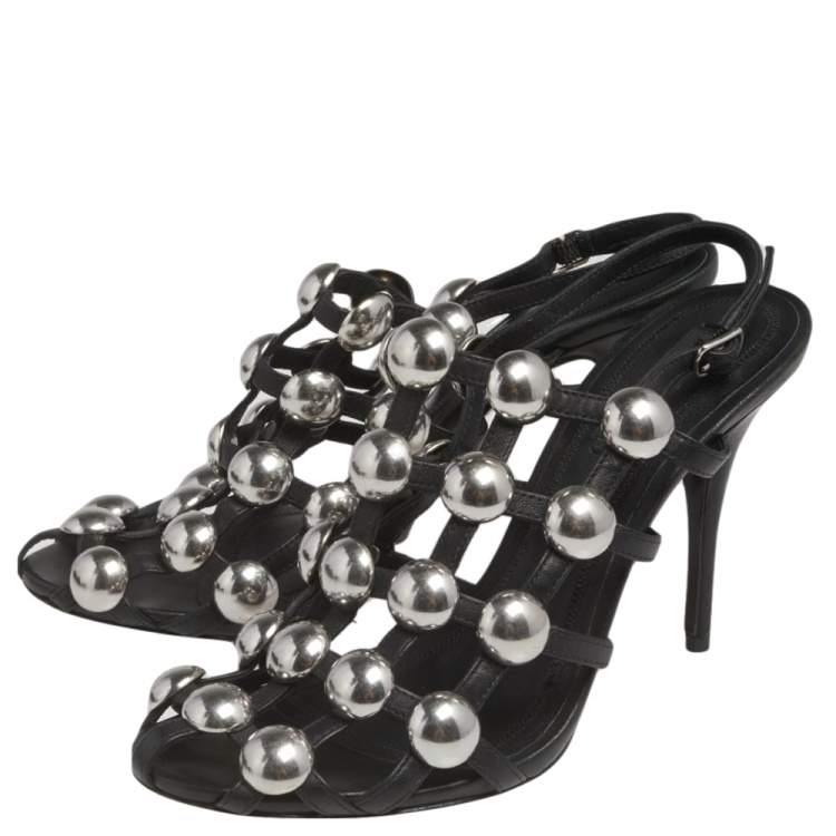 Pre Owned  Alexander Wang Black Leather Embellished Slingback Sandals Size 38