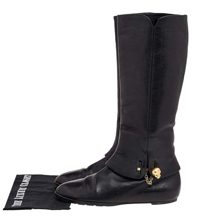 Pre Owned Alexander McQueen Black Leather Skull Boots Size 39