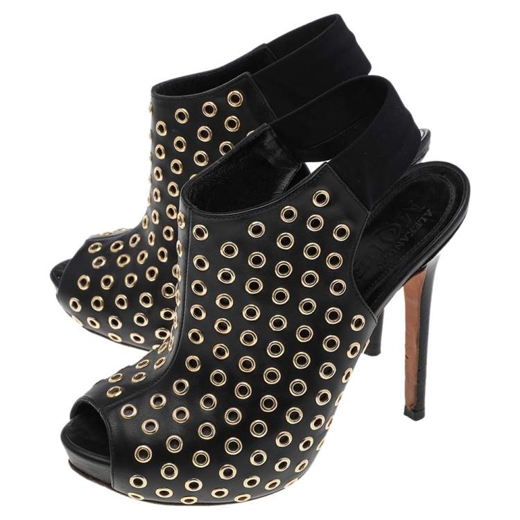 Pre Owned Alexander McQueen Black Leather Grommet Peep Toe Ankle Slingback Boots Size 36
