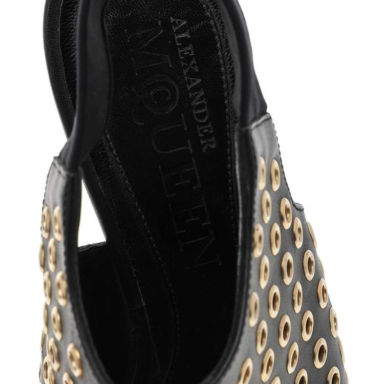 Pre Owned Alexander McQueen Black Leather Grommet Peep Toe Ankle Slingback Boots Size 36