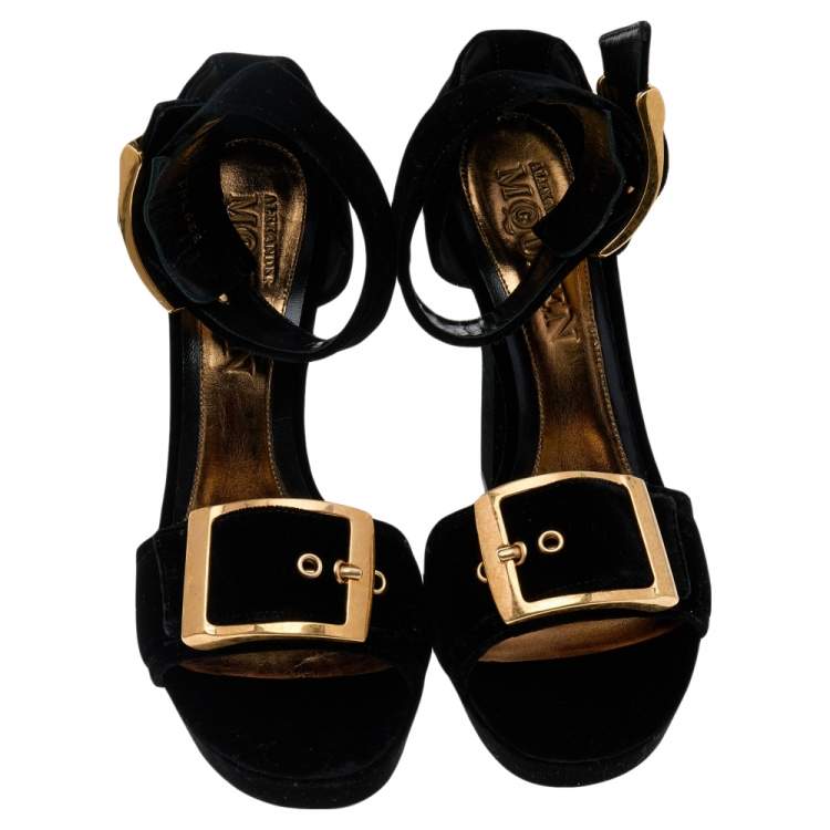 Pre Owned Alexander McQueen Black Velvet Platform Ankle Strap Sandals Size 40