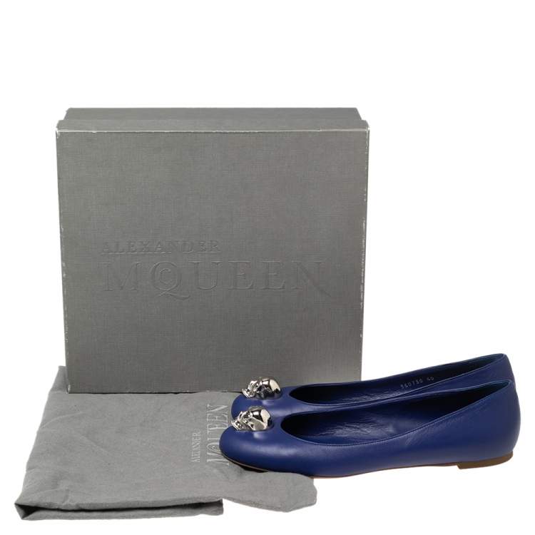 Pre Owned Alexander McQueen Blue Leather Skull Zip Detail Ballet Flats Size 40