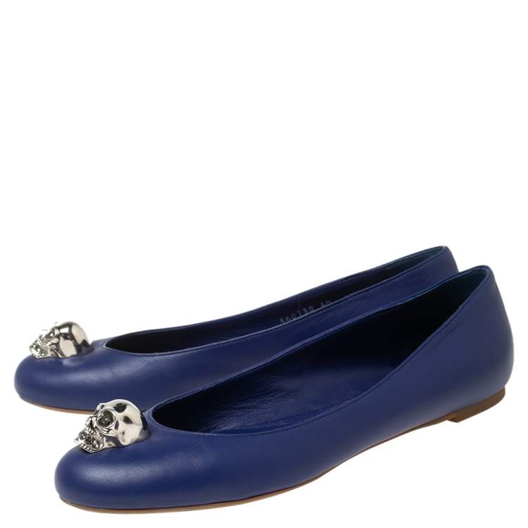 Pre Owned Alexander McQueen Blue Leather Skull Zip Detail Ballet Flats Size 40