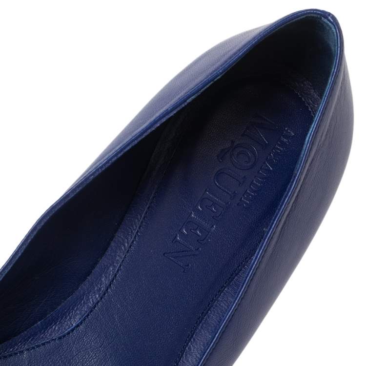 Pre Owned Alexander McQueen Blue Leather Skull Zip Detail Ballet Flats Size 40