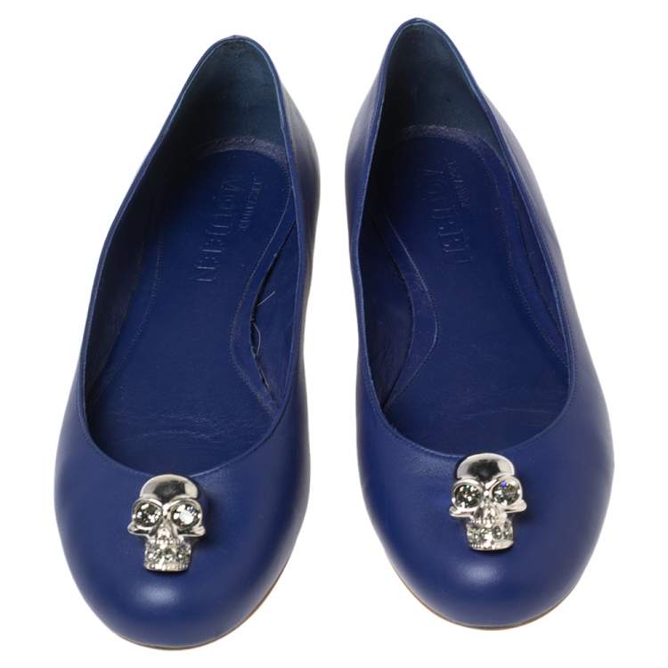 Pre Owned Alexander McQueen Blue Leather Skull Zip Detail Ballet Flats Size 40