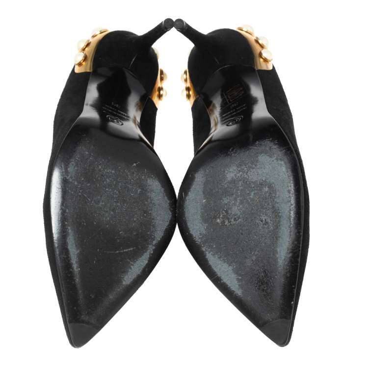 Pre Owned Alexander McQueen Black Suede  Pearl Embellished Pointed Toe Pumps Size 39