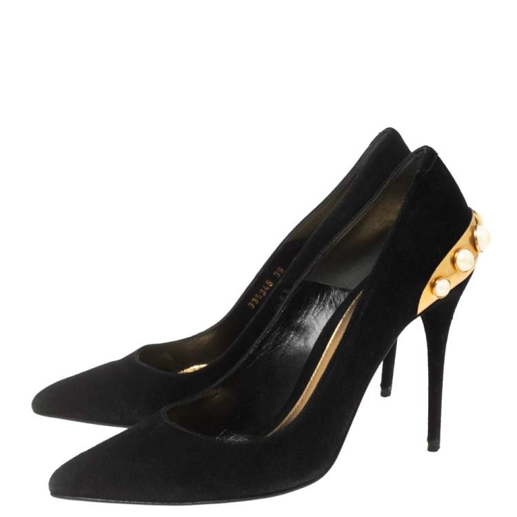 Pre Owned Alexander McQueen Black Suede  Pearl Embellished Pointed Toe Pumps Size 39