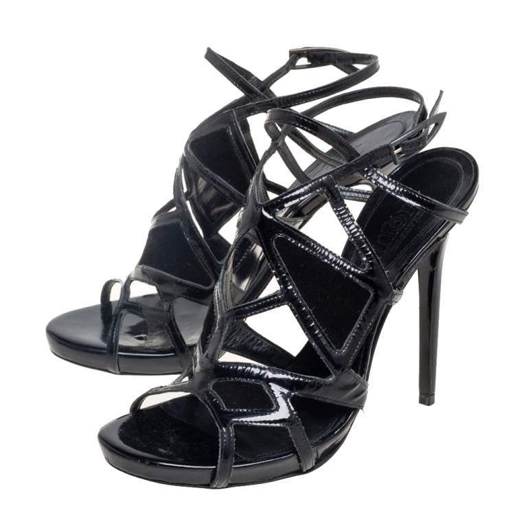 مملوكة مسبقًا Alexander McQueen Black Patent Leather and Suede Caged Sandals Size 39